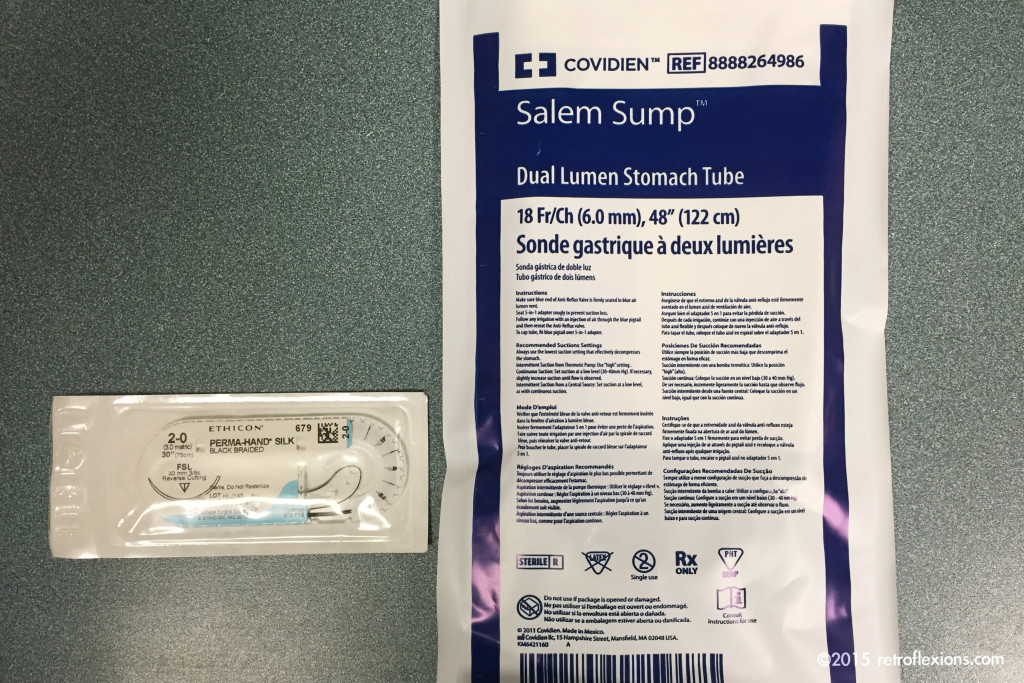 Standard Salem Sump nasogastric tube and any available suture material (the needle was removed)